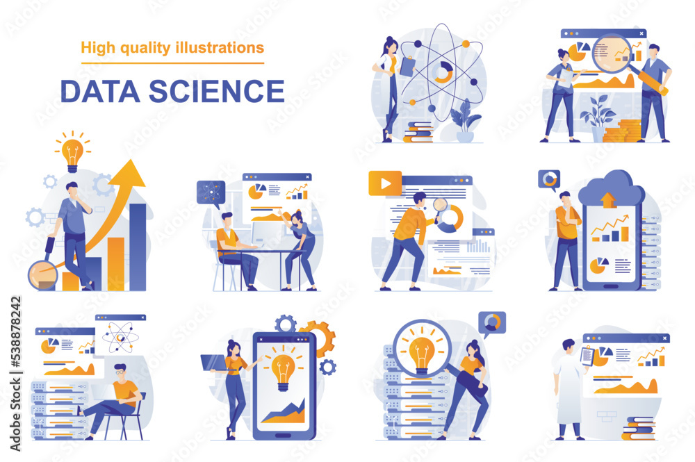 Aufkleber Data science web concept with people scenes set in flat style. Bundle of analyze data and statistics, computing scientific datum, working with databases. Vector illustration with character design