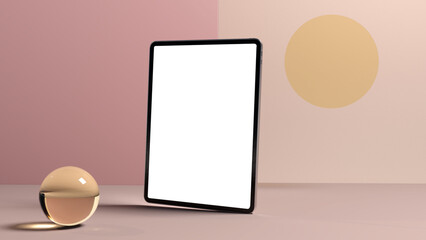Tablet 3d render on abstract background.Communication concept. Realistic 3d design. Business banner. Modern concept design white screen. Mock up desktop computer.