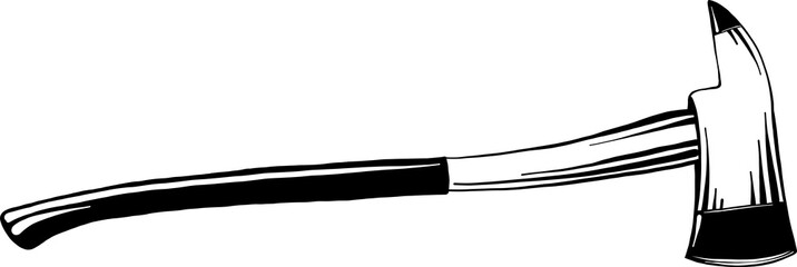 PNG engraved style illustration for posters, decoration and print. Hand drawn sketch of firefighter axe in black isolated on white background. Detailed vintage etching style drawing. 

