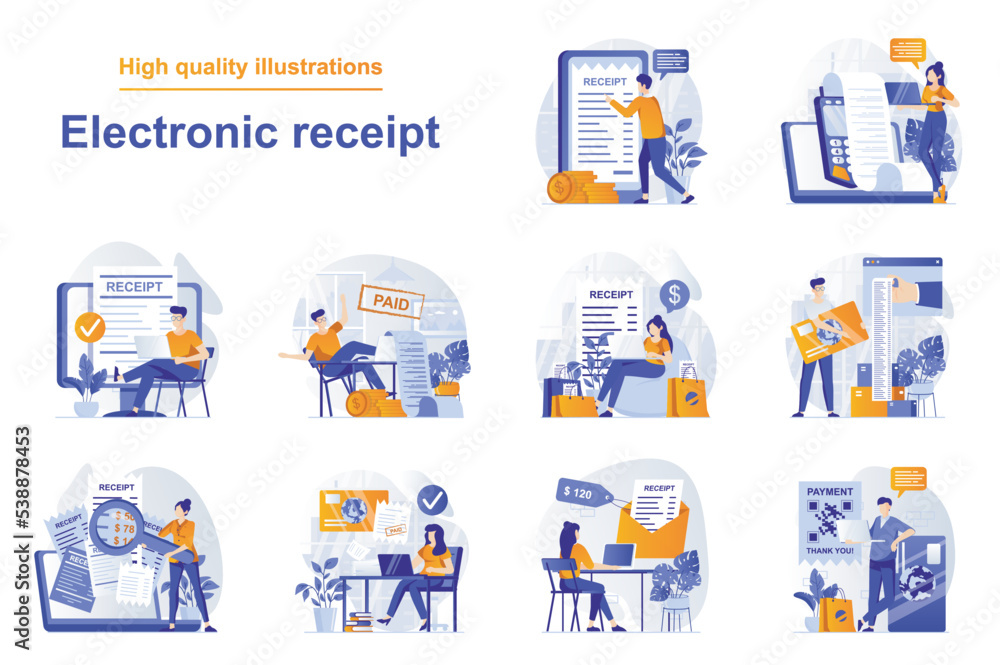 Aufkleber electronic receipt web concept with people scenes set in flat style. bundle of online payment with d