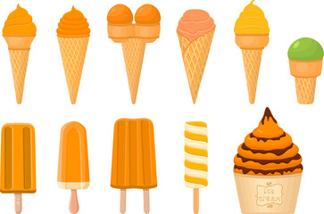 big kit ice cream popsicle different types in cone waffle cup