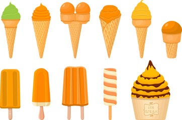 big kit ice cream popsicle different types in cone waffle cup