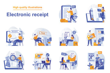 Electronic receipt web concept with people scenes set in flat style. Bundle of online payment with digital invoice, financial transactions via mobile app. Vector illustration with character design