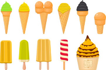 big kit ice cream popsicle different types in cone waffle cup