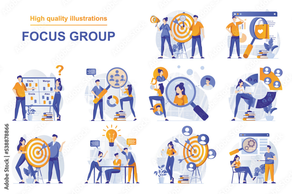 Poster Focus group web concept with people scenes set in flat style. Bundle of market research of audience, aim at group, analyzing data and customer behavior. Vector illustration with character design