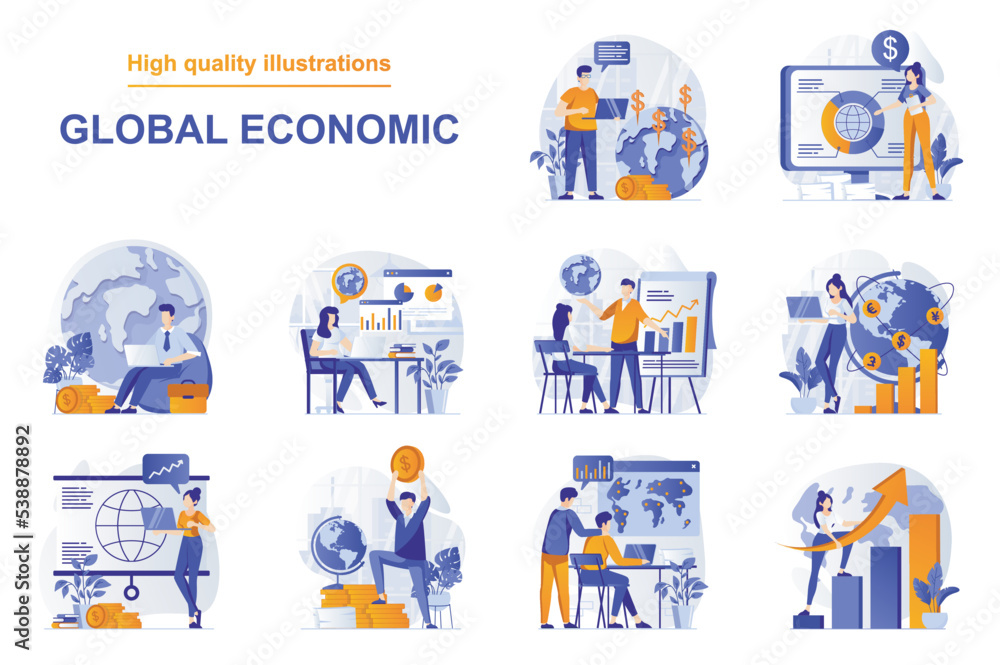 Poster global economic web concept with people scenes set in flat style. bundle of world markets research, 