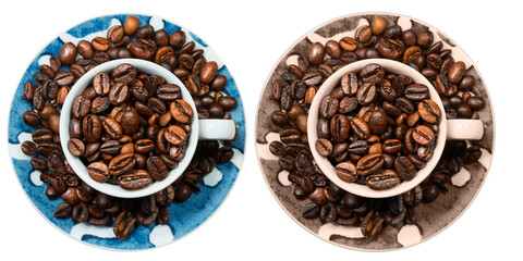 Close-up of two cups full of roasted coffee beans isolated on white or transparent background, photography, top view, png.