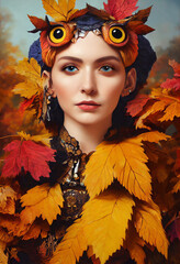 Illustration of autumn witch or fairy in autumn leaves costume with owl elements - 538878828