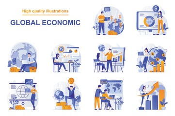 Global economic web concept with people scenes set in flat style. Bundle of world markets research, financial statistics, developing international business. Vector illustration with character design