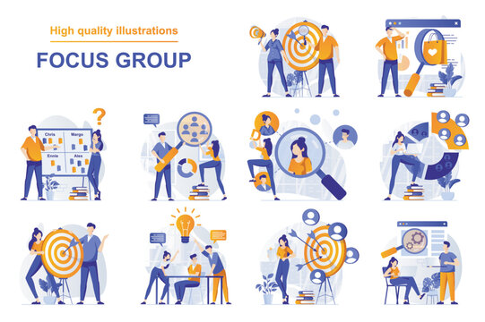 Focus group web concept with people scenes set in flat style. Bundle of market research of audience, aim at group, analyzing data and customer behavior. Vector illustration with character design