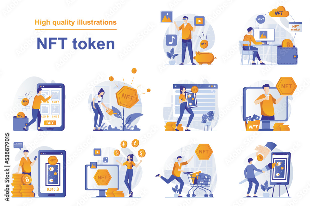 Aufkleber nft token web concept with people scenes set in flat style. bundle of non fungible tokens exhibition