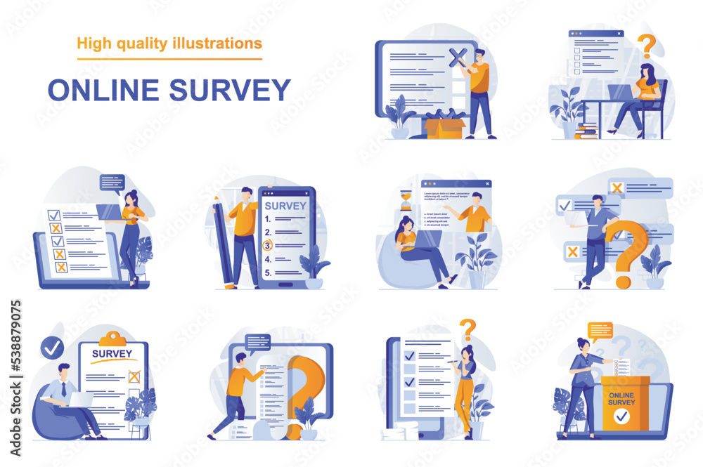 Fototapete Online survey web concept with people scenes set in flat style. Bundle of online testing, examination in mobile app, answering in digital form, feedback. Vector illustration with character design