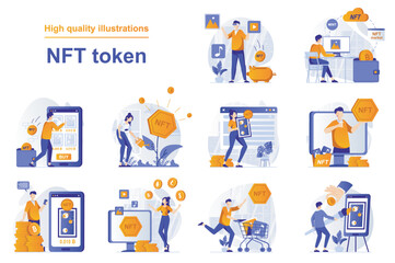 NFT token web concept with people scenes set in flat style. Bundle of non fungible tokens exhibition, artists making crypto art, online auction gallery. Vector illustration with character design