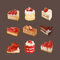 Watercolor style vector illustration with various sweets using strawberries