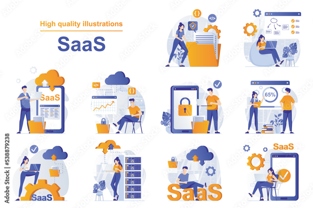 Fototapete SaaS web concept with people scenes set in flat style. Bundle of using programs with subscription, cloud processing, cloud storage, software as a service. Vector illustration with character design