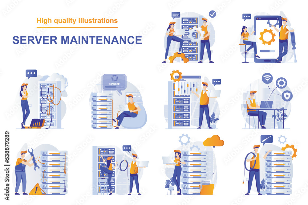 Poster server maintenance web concept with people scenes set in flat style. bundle of technical work, worki