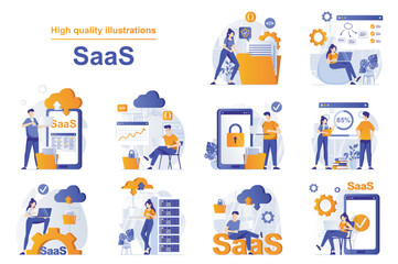 SaaS web concept with people scenes set in flat style. Bundle of using programs with subscription, cloud processing, cloud storage, software as a service. Vector illustration with character design