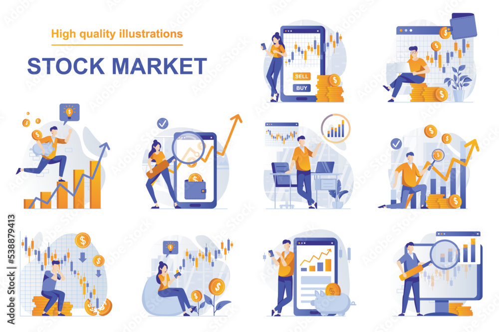 Poster stock market web concept with people scenes set in flat style. bundle of analyzing market data, stoc