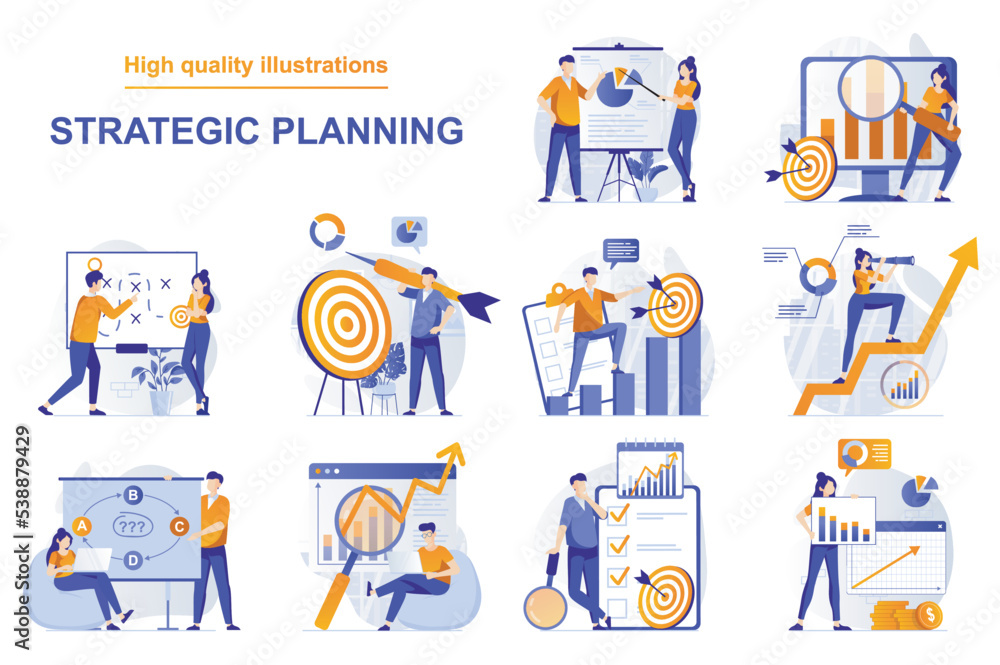Poster Strategic planning web concept with people scenes set in flat style. Bundle of data analysis, brainstorming, create business plan, targeting, generate ideas. Vector illustration with character design
