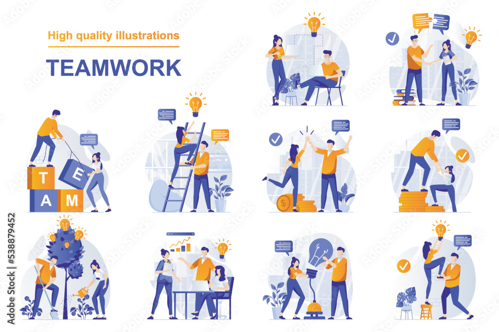 Aufkleber teamwork web concept with people scenes set in flat style. bundle of colleagues work together, colla