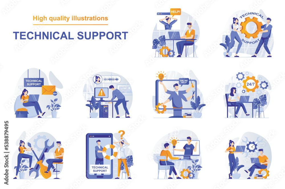 Aufkleber Technical support web concept with people scenes set in flat style. Bundle of customer service, solving tech problems via online chat and calling, feedback. Vector illustration with character design