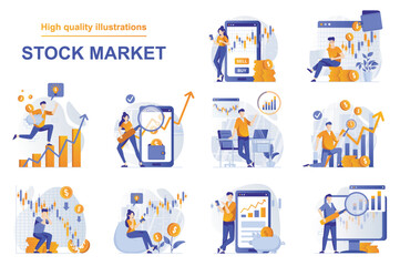 Stock market web concept with people scenes set in flat style. Bundle of analyzing market data, stock trading, buying and selling bonds, financial investment. Vector illustration with character design