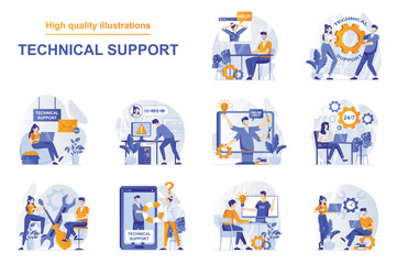 Technical support web concept with people scenes set in flat style. Bundle of customer service, solving tech problems via online chat and calling, feedback. Vector illustration with character design