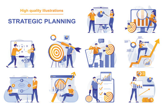 Strategic planning web concept with people scenes set in flat style. Bundle of data analysis, brainstorming, create business plan, targeting, generate ideas. Vector illustration with character design