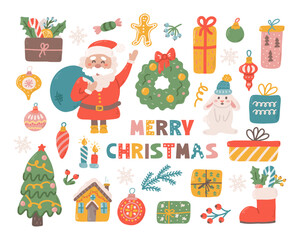 Christmas set of decorative elements and characters for design. Santa Claus, rabbit, gingerbread and gifts. Vector flat illustration on white background in hand drawn style
