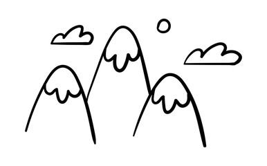 Hand painted mountains. Snow capped peaks to clouds. Graphic element for printing on fabric. msimmalistic poster or banner. Art and creativity, childrens drawing. Cartoon flat vector illustration