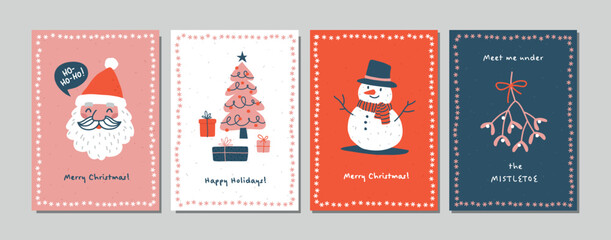 Four Christmas cards set with Santa, snowman, Christmas tree and mistletoe branch.