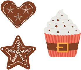 Christmas baking, Set of festive gingerbread cookies and cupcake. Vector illustration.