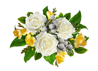 Beautiful bouquet of flowers with roses, freesias and brunia isolated