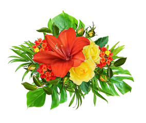 Red amaryllis and yellow rose flowers and green tropical leaves in a floral arrangement isolated