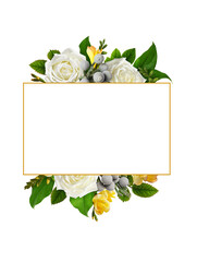 Beautiful borders of flowers with roses, freesias and brunia on yellow frame isolated on white