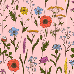 PINK VECTOR SEAMLESS BACKGROUND WITH MULTICOLORED WILDFLOWERS