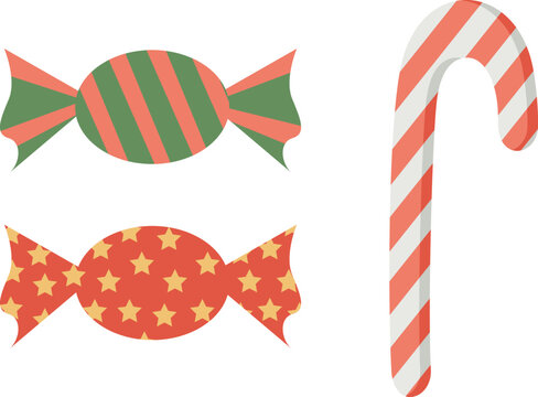 Christmas candy, Set of festive wrapping candies and christmas stick. Vector illustration. Sweet food