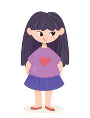 Happy girl in pink tshirt. Charming schoolgirl in summer casual clothes, blue skirt. Poster or banner for website. Sticker for social networks and messengers. Cartoon flat vector illustration