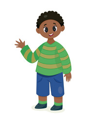 Happy african american boy. Charming character in denim shorts and green sweater with yellow stripes waves hand affably. Sticker for social networks and messengers. Cartoon flat vector illustration