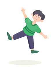 Happy boy jumping. Guy in blue pants and green tshirt on white background. Positivity and optimism. Leisure and entertainment. Emotions, expressions and feelings. Cartoon flat vector illustration
