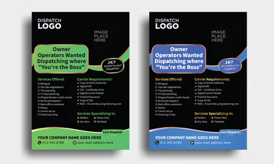 trucking and dispatching logistics flyer, freight broker flyer, owner operators independent freight flyer, truck dispatcher logistics flyer template, transport service black flyer template