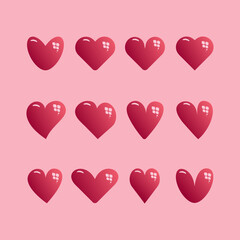 Cute red doodle hearts for Valentine's day. Romantic red hearts of different shapes isolated on pink
