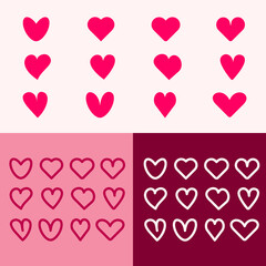 Red hearts outline icons. Cute red hearts for Valentine's day. Romantic red different hearts of shapes isolated on pink
