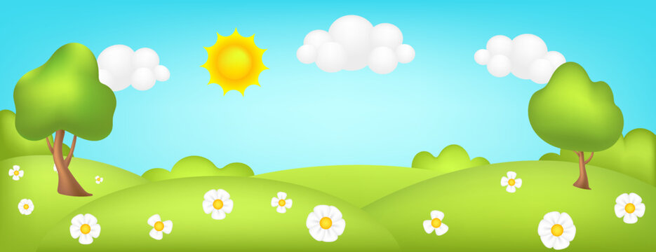 Meadow panorama 3d vector illustration. Bright landscape of green valley kids background. Colorful cute scenery with spring green grass, trees, flowers, blue sky, sun, clouds for children's sites.