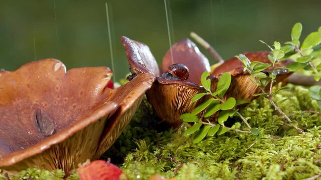 Rain in the forest drips on mushrooms and snails. Autumn forest landscape closeup. 