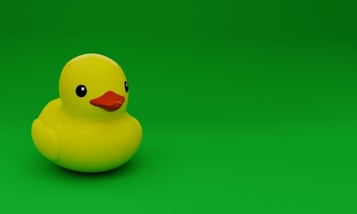 a 3d illustration, rubber duck image , green background, copy space ,3d rendering.