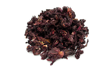 Top view dried hibiscus flowers hibiscus tea isolated on white background.