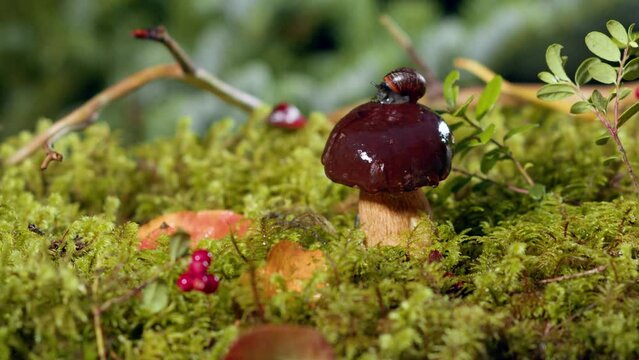 Autumn forest close-up cinematic shot. Edible mushroom, moss, leaves and wild berries. A snail crawls on a porcini mushroom in the forest.