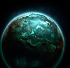 Illustration of alien planet viewed from orbit or space