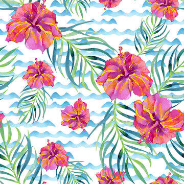 Tropical hibiscus flowers and palm leaves on the background of sea waves. Seamless floral beach print
